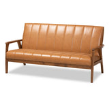 Nikko Mid-century Modern Tan Faux Leather Upholstered and Walnut Brown finished Wood Sofa