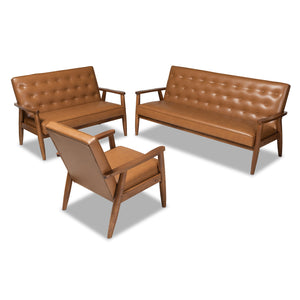 Baxton Studio Sorrento Mid-Century Modern Tan Faux Leather Upholstered and Walnut Brown Finished Wood 3-Piece Living Room Set