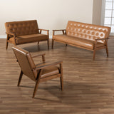 Baxton Studio Sorrento Mid-Century Modern Tan Faux Leather Upholstered and Walnut Brown Finished Wood 3-Piece Living Room Set