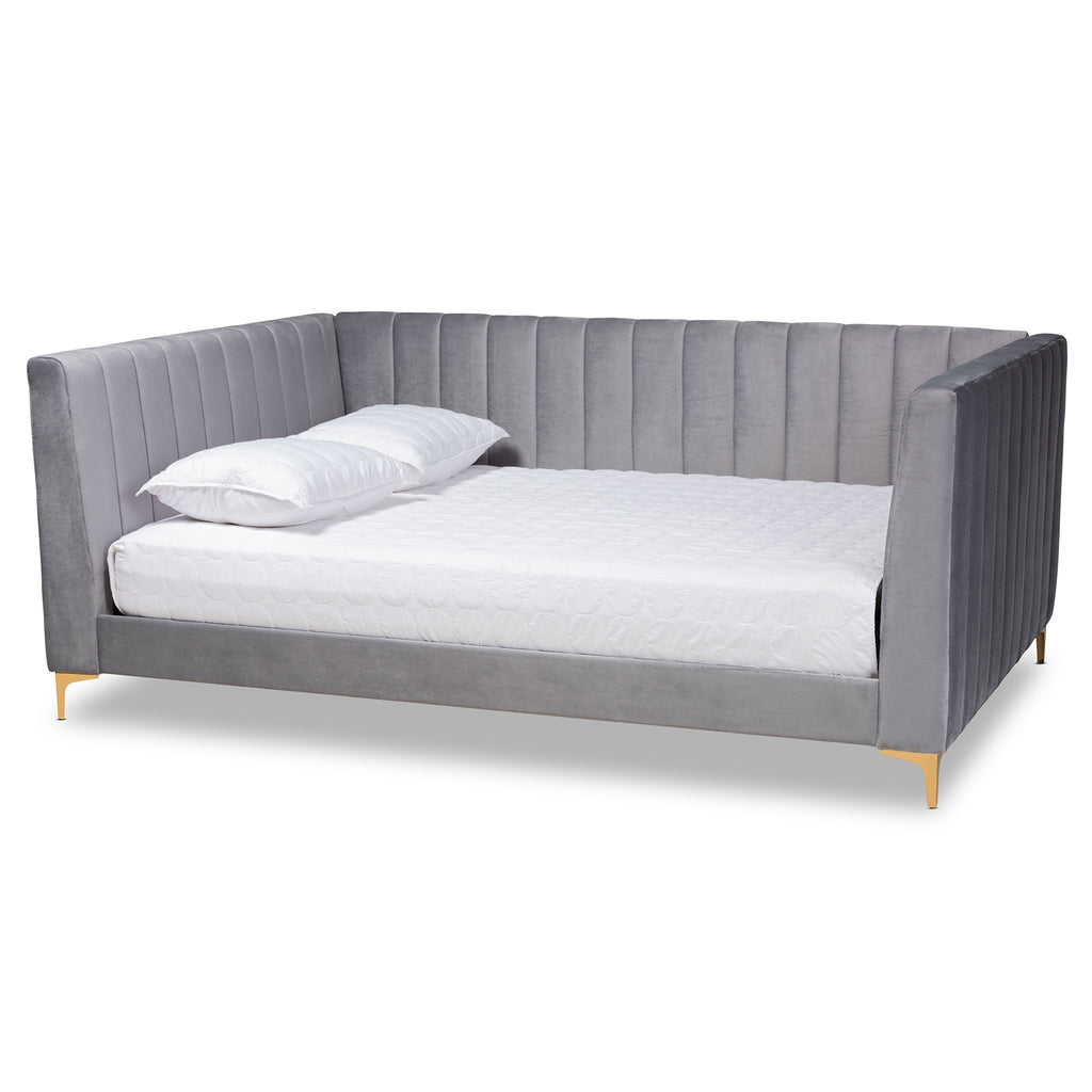 Oksana Modern Contemporary Glam and Luxe Light Grey Velvet Fabric Upholstered and Gold Finished Queen Size Daybed
