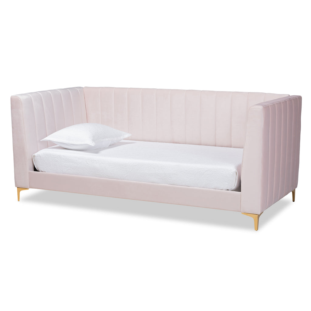 Oksana Modern Contemporary Glam and Luxe Light Pink Velvet Fabric Upholstered and Gold Finished Twin Size Daybed