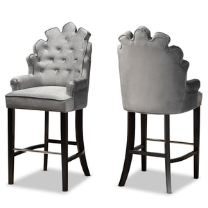 Chloe Modern and Contemporary Dark Grey Velvet Upholstered and Dark Brown Finished Wood 2-Piece Bar Stool Set
