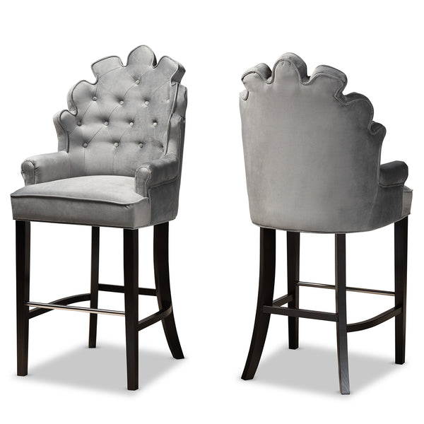 Chloe Modern and Contemporary Dark Grey Velvet Upholstered and Dark Brown Finished Wood 2-Piece Bar Stool Set