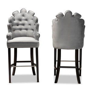 Chloe Modern and Contemporary Dark Grey Velvet Upholstered and Dark Brown Finished Wood 2-Piece Bar Stool Set