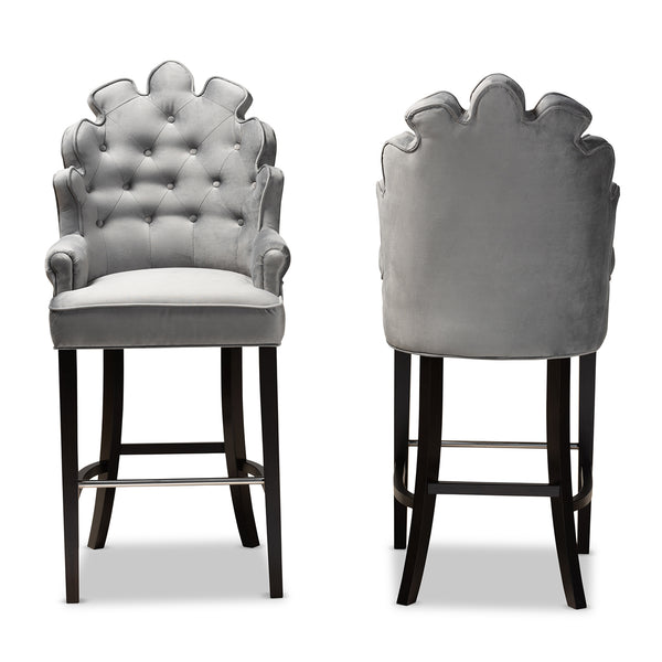 Chloe Modern and Contemporary Dark Grey Velvet Upholstered and Dark Brown Finished Wood 2-Piece Bar Stool Set