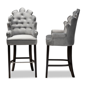 Chloe Modern and Contemporary Dark Grey Velvet Upholstered and Dark Brown Finished Wood 2-Piece Bar Stool Set
