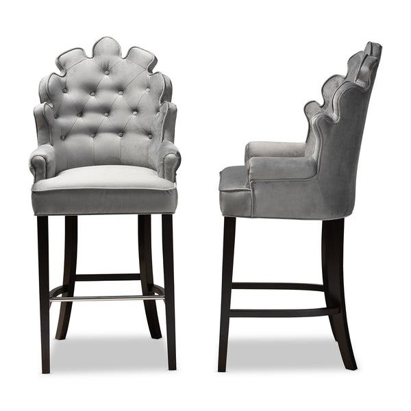 Chloe Modern and Contemporary Dark Grey Velvet Upholstered and Dark Brown Finished Wood 2-Piece Bar Stool Set