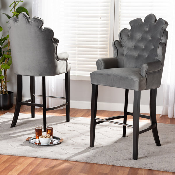 Chloe Modern and Contemporary Dark Grey Velvet Upholstered and Dark Brown Finished Wood 2-Piece Bar Stool Set