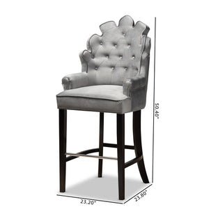 Chloe Modern and Contemporary Dark Grey Velvet Upholstered and Dark Brown Finished Wood 2-Piece Bar Stool Set