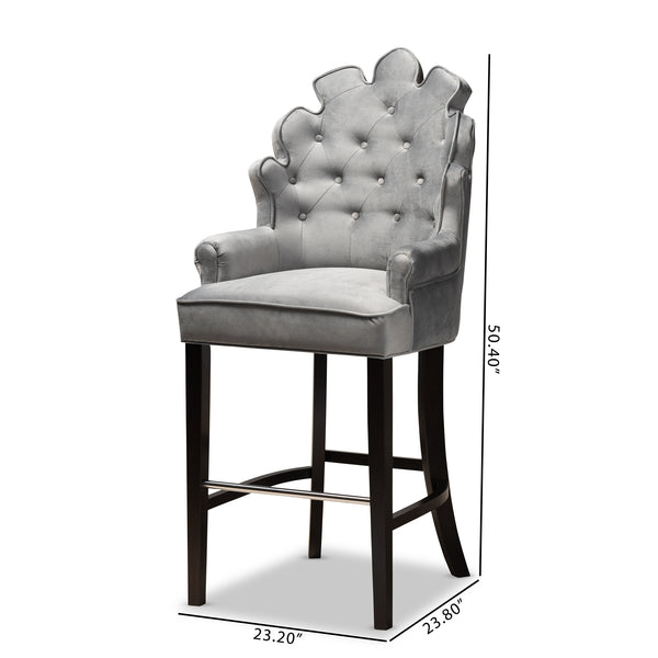 Chloe Modern and Contemporary Dark Grey Velvet Upholstered and Dark Brown Finished Wood 2-Piece Bar Stool Set