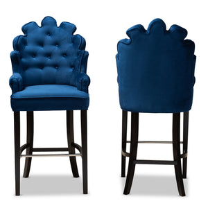 Chloe Modern and Contemporary Navy Blue Velvet Upholstered and Dark Brown Finished Wood 2-Piece Bar Stool Set