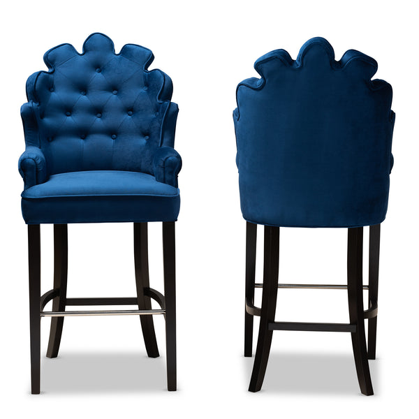 Chloe Modern and Contemporary Navy Blue Velvet Upholstered and Dark Brown Finished Wood 2-Piece Bar Stool Set