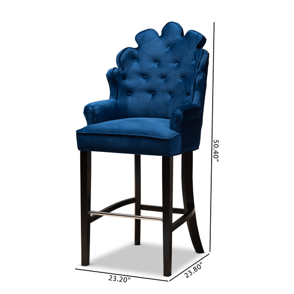 Chloe Modern and Contemporary Navy Blue Velvet Upholstered and Dark Brown Finished Wood 2-Piece Bar Stool Set