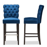 Daphne Modern and Contemporary Navy Blue Velvet Fabric Upholstered and Dark Brown Finished Wood 2-Piece Bar Stool Set