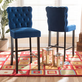 Daphne Modern and Contemporary Navy Blue Velvet Fabric Upholstered and Dark Brown Finished Wood 2-Piece Bar Stool Set