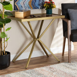 Carlo Modern and Contemporary Walnut Finished Wood and Gold Finished Metal Console Table
