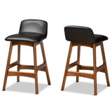 Darrin Mid-Century Modern Black Faux Leather Upholstered and Walnut Brown Finished Wood 2-Piece Counter Stool Set