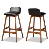 Darrin Mid-Century Modern Black Faux Leather Upholstered and Walnut Brown Finished Wood 2-Piece Bar Stool Set