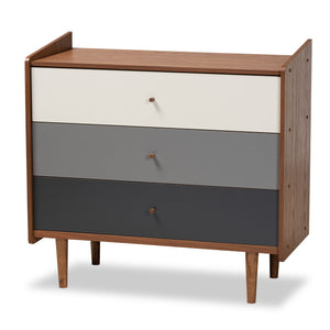 Halden Mid-Century Modern Multicolor Walnut Brown and Grey Gradient Finished Wood 3-Drawer Chest