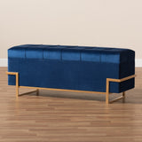 Parker Glam and Luxe Navy Blue Velvet Upholstered and Gold Metal Finished Storage Ottoman 