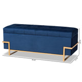 Parker Glam and Luxe Navy Blue Velvet Upholstered and Gold Metal Finished Storage Ottoman 