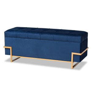 Parker Glam and Luxe Navy Blue Velvet Upholstered and Gold Metal Finished Storage Ottoman 