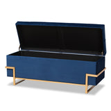 Parker Glam and Luxe Navy Blue Velvet Upholstered and Gold Metal Finished Storage Ottoman 