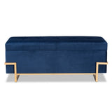 Parker Glam and Luxe Navy Blue Velvet Upholstered and Gold Metal Finished Storage Ottoman 