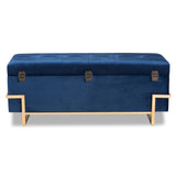 Parker Glam and Luxe Navy Blue Velvet Upholstered and Gold Metal Finished Storage Ottoman 