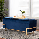 Parker Glam and Luxe Navy Blue Velvet Upholstered and Gold Metal Finished Storage Ottoman 