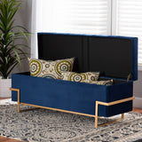 Parker Glam and Luxe Navy Blue Velvet Upholstered and Gold Metal Finished Storage Ottoman 