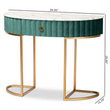 Beale Luxe and Glam Green Velvet Upholstered and Brushed Gold Finished 1-Drawer Console Table with Faux Marble Tabletop