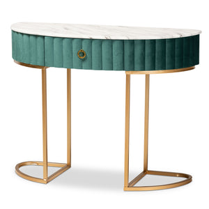 Beale Luxe and Glam Green Velvet Upholstered and Brushed Gold Finished 1-Drawer Console Table with Faux Marble Tabletop