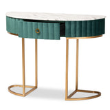 Beale Luxe and Glam Green Velvet Upholstered and Brushed Gold Finished 1-Drawer Console Table with Faux Marble Tabletop