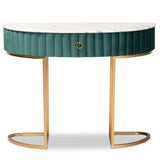 Beale Luxe and Glam Green Velvet Upholstered and Brushed Gold Finished 1-Drawer Console Table with Faux Marble Tabletop