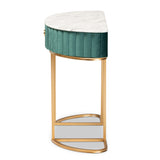 Beale Luxe and Glam Green Velvet Upholstered and Brushed Gold Finished 1-Drawer Console Table with Faux Marble Tabletop