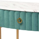 Beale Luxe and Glam Green Velvet Upholstered and Brushed Gold Finished 1-Drawer Console Table with Faux Marble Tabletop