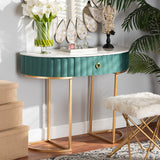 Beale Luxe and Glam Green Velvet Upholstered and Brushed Gold Finished 1-Drawer Console Table with Faux Marble Tabletop