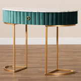 Beale Luxe and Glam Green Velvet Upholstered and Brushed Gold Finished 1-Drawer Console Table with Faux Marble Tabletop