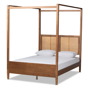 Malia Modern and Contemporary Walnut Brown Finished Wood and Synthetic Rattan King Size Canopy Bed
