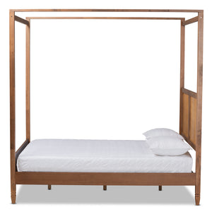 Malia Modern and Contemporary Walnut Brown Finished Wood and Synthetic Rattan King Size Canopy Bed