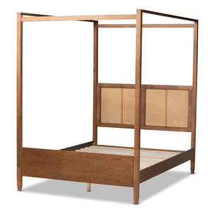 Malia Modern and Contemporary Walnut Brown Finished Wood and Synthetic Rattan King Size Canopy Bed