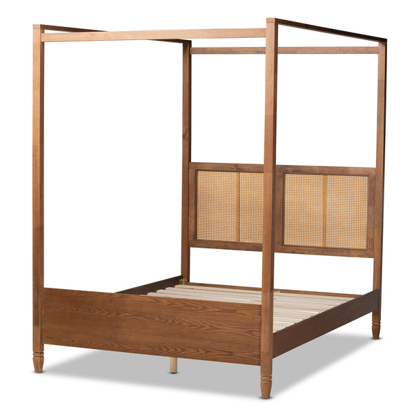 Malia Modern and Contemporary Walnut Brown Finished Wood and Synthetic Rattan King Size Canopy Bed