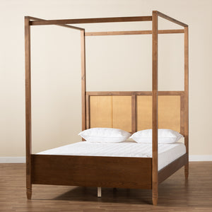 Malia Modern and Contemporary Walnut Brown Finished Wood and Synthetic Rattan King Size Canopy Bed