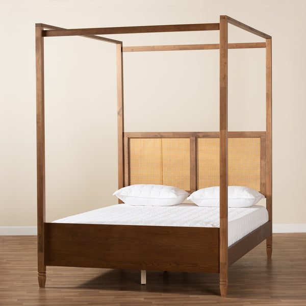 Malia Modern and Contemporary Walnut Brown Finished Wood and Synthetic Rattan King Size Canopy Bed