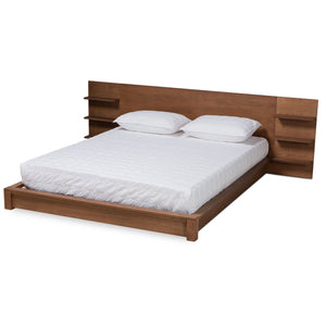 Elina Modern and Contemporary Walnut Brown Finished Wood Queen Size Platform Storage Bed with Shelves