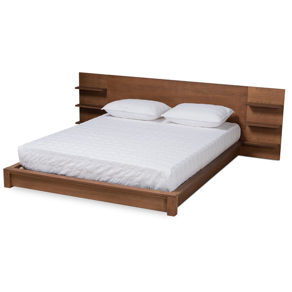 Elina Modern and Contemporary Walnut Brown Finished Wood Queen Size Platform Storage Bed with Shelves