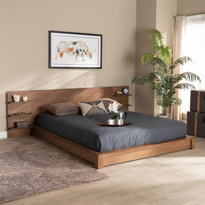Elina Modern and Contemporary Walnut Brown Finished Wood Queen Size Platform Storage Bed with Shelves