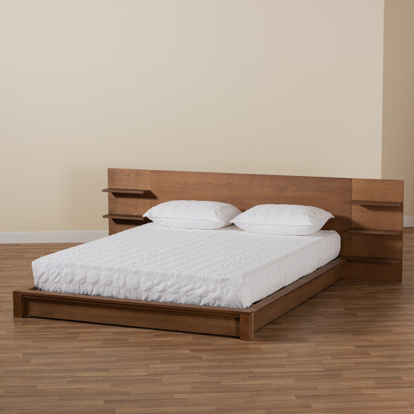 Elina Modern and Contemporary Walnut Brown Finished Wood Queen Size Platform Storage Bed with Shelves
