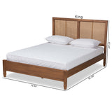 Redmond Mid-Century Modern Walnut Brown Finished Wood and Synthetic Rattan Queen Size Platform Bed